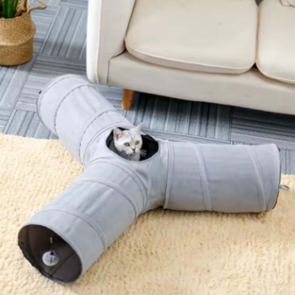 Collapsible cat tunnel by LuxePaws, foldable and interactive cat toy, perfect for pet exercise and play.